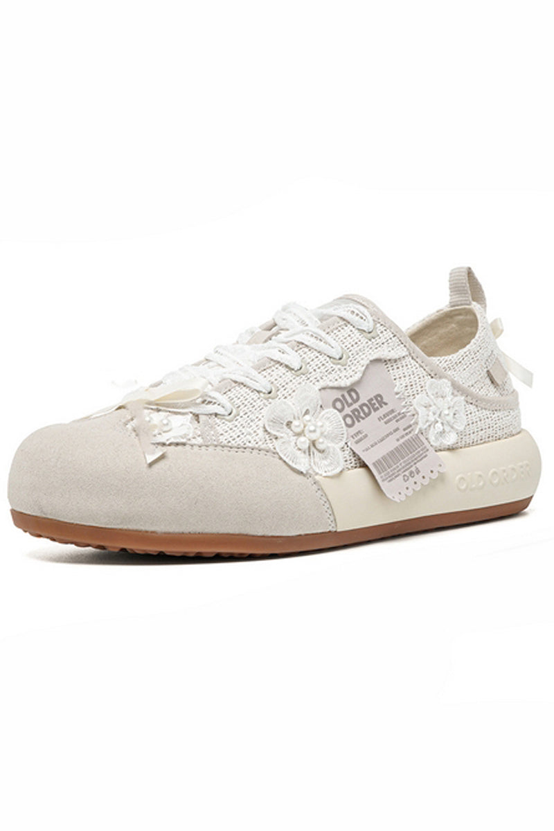 Lace Bow Sneakers Cream White - Wolvess