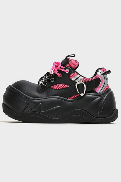 Black Pink Mesh Platform Chunky Sneakers - Wolvess