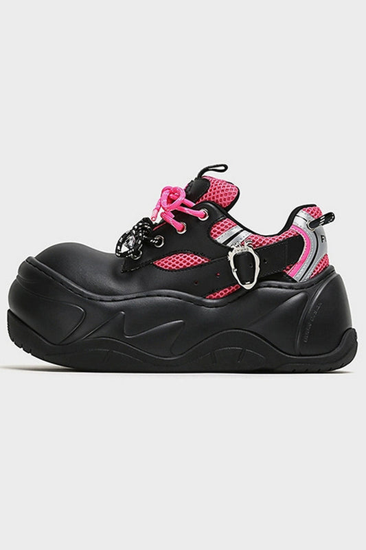 Black Pink Mesh Platform Chunky Sneakers - Wolvess