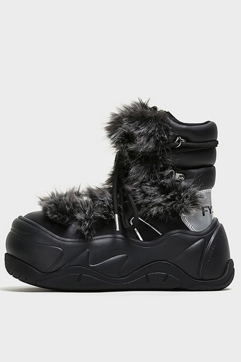 Black Furry Platform Winter Moon Boots - Wolvess