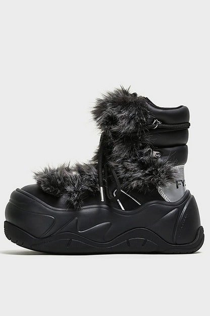 Black Furry Platform Winter Moon Boots - Wolvess