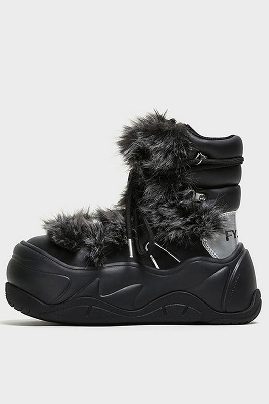 Black Furry Platform Winter Moon Boots - Wolvess