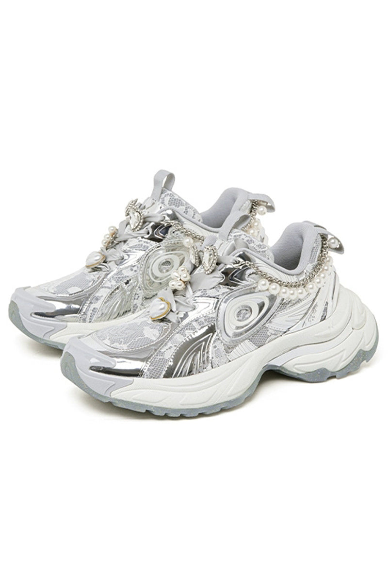 Pearl Decorated Metallic Chunky Sneakers Silver White - Wolvess