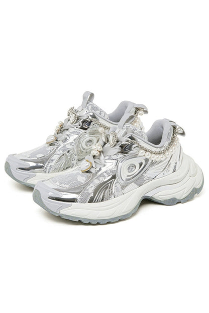 Pearl Decorated Metallic Chunky Sneakers Silver White - Wolvess