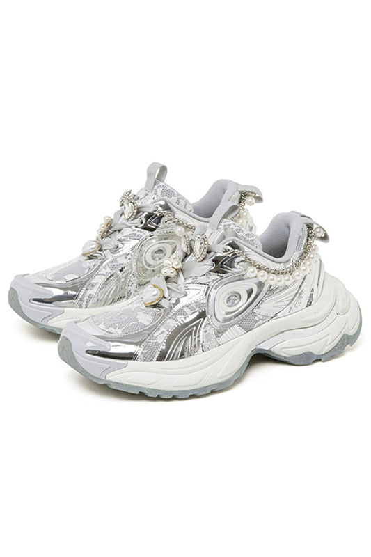 Pearl Decorated Metallic Chunky Sneakers Silver White - Wolvess