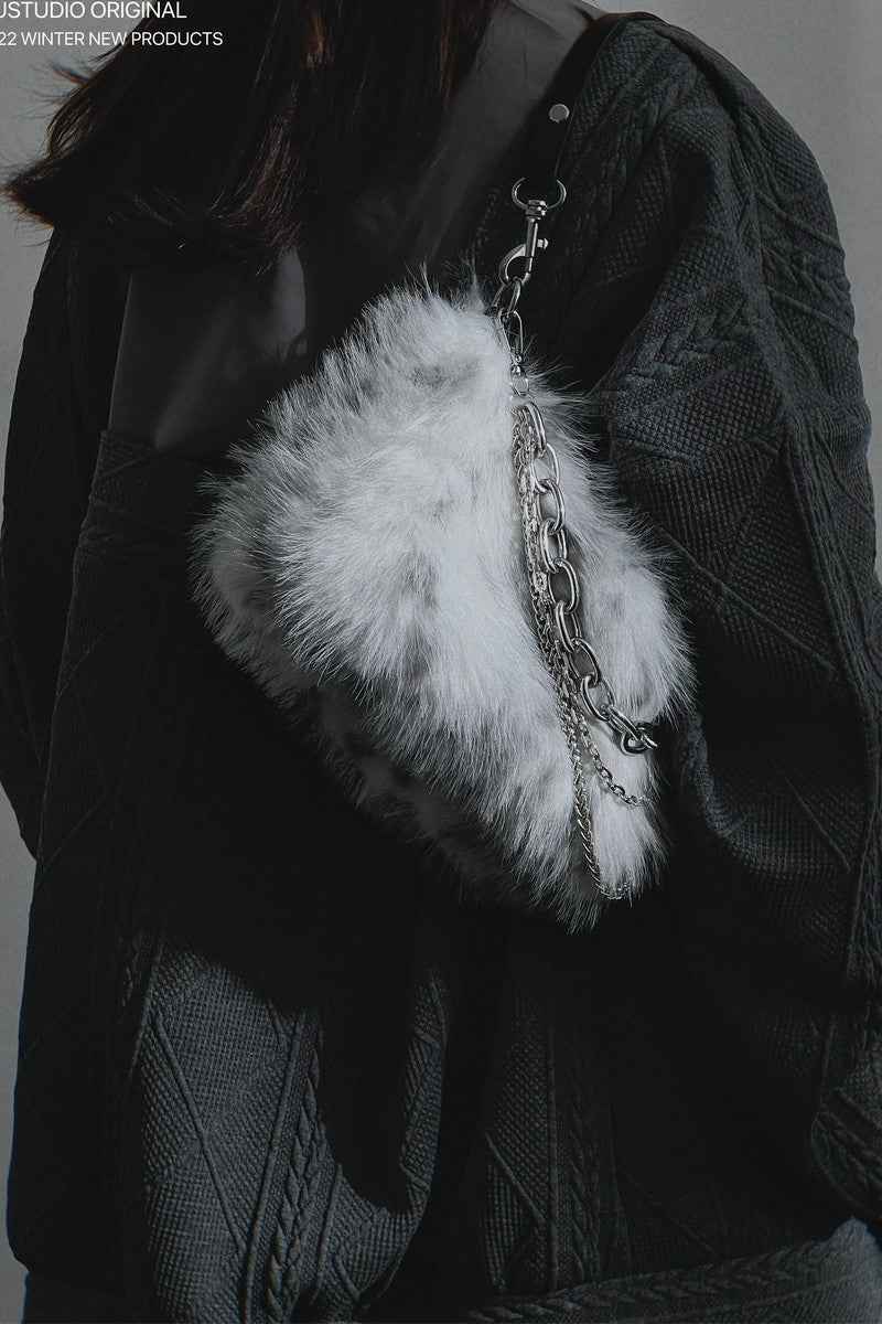 Grey Faux Fur Chain Shoulder Bag