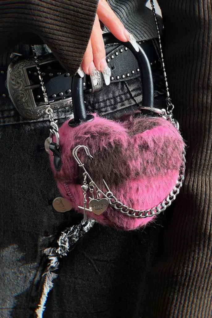 Pink Fuzzy Heart Mini Bag