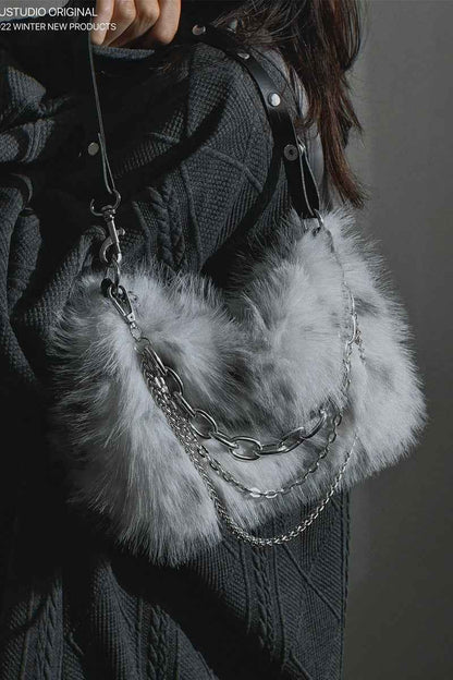 Grey Faux Fur Chain Shoulder Bag