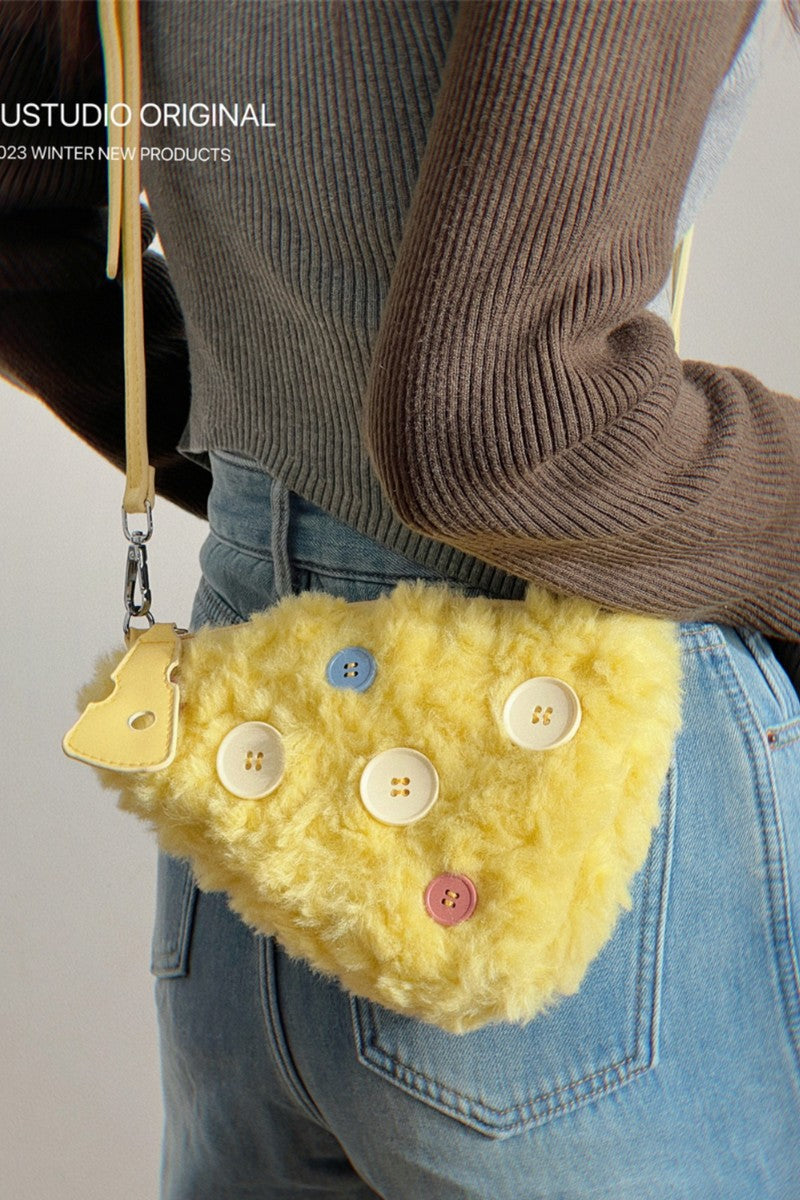 Yellow Furry Button Mini Shoulder Bag - Wolvess