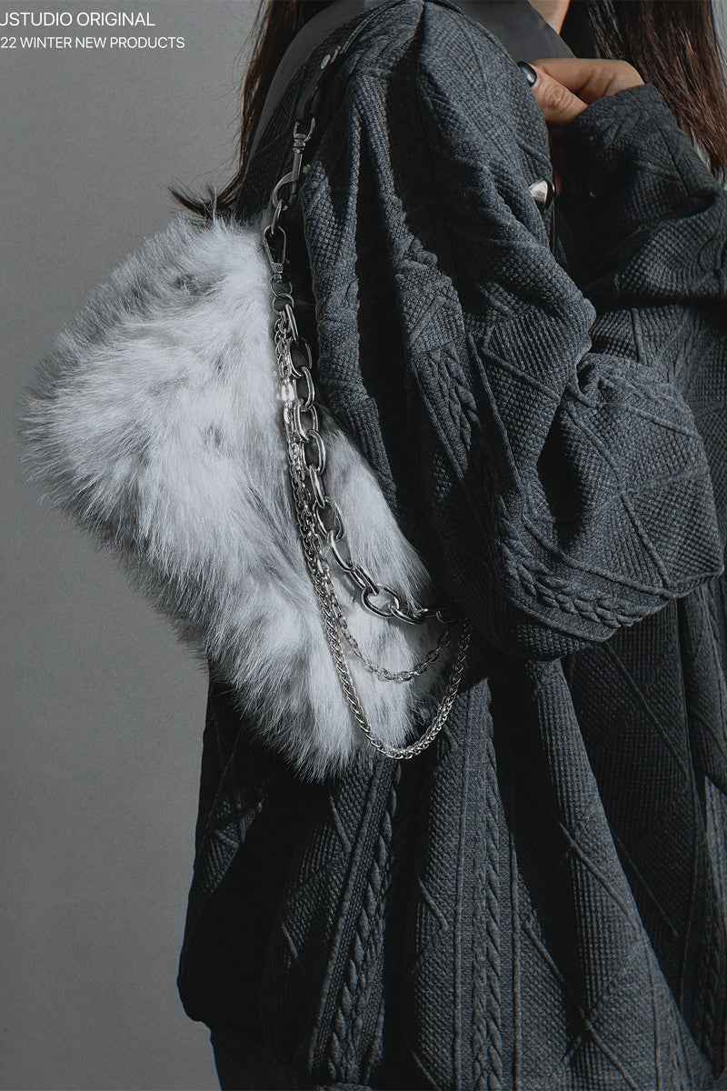 Grey Faux Fur Chain Shoulder Bag