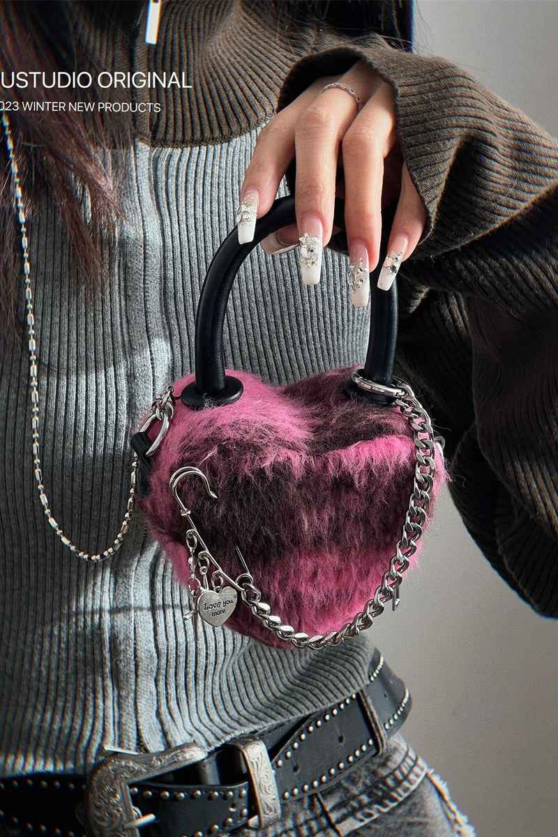 Pink Fuzzy Heart Mini Bag