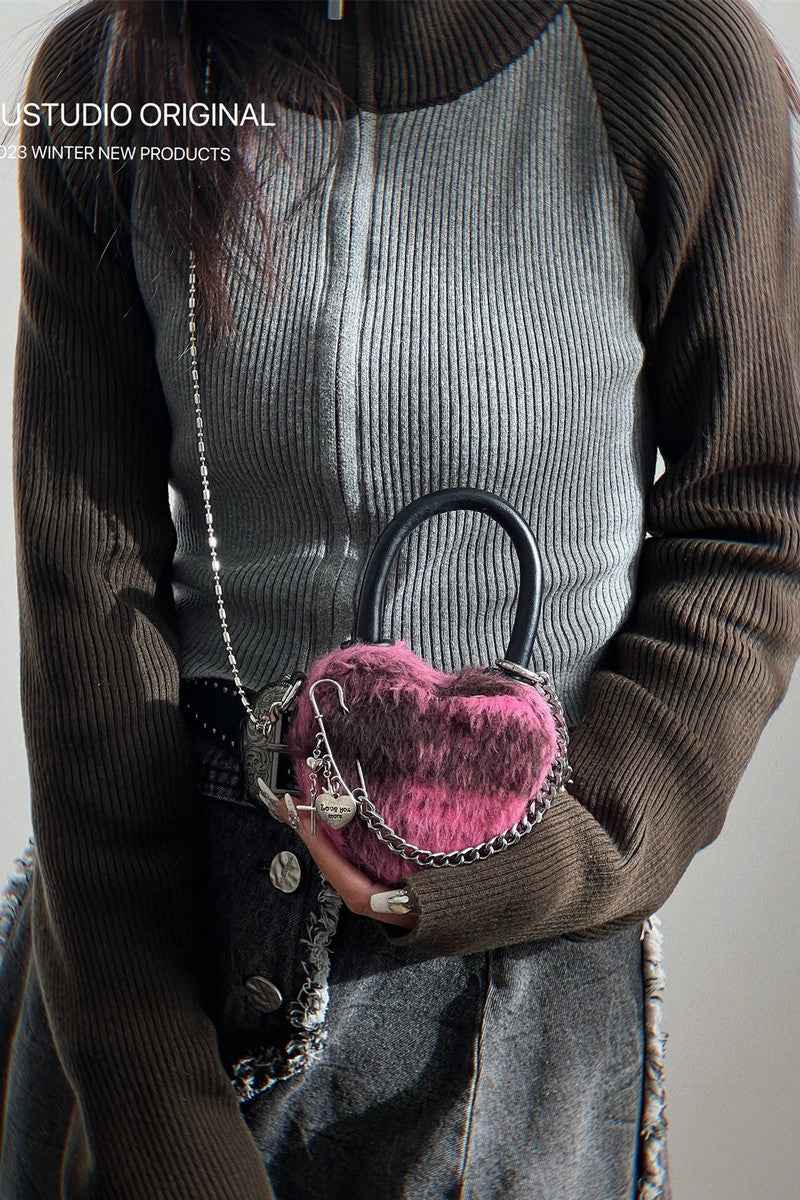Pink Fuzzy Heart Mini Bag