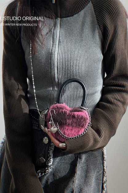 Pink Fuzzy Heart Mini Bag