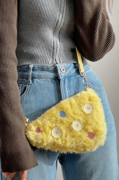 Yellow Furry Button Mini Shoulder Bag - Wolvess
