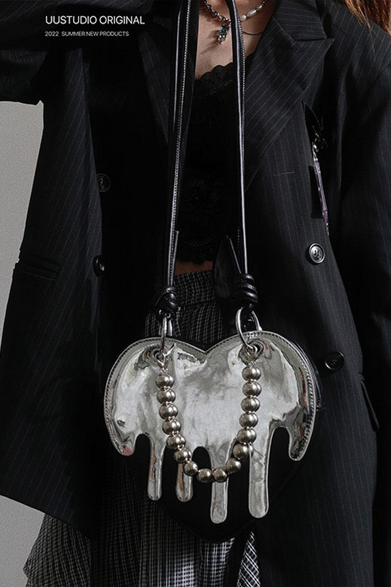 Metallic Heart Crossbody Bag - Liquid Chrome Mini Purse with Dangle Details - Wolvess