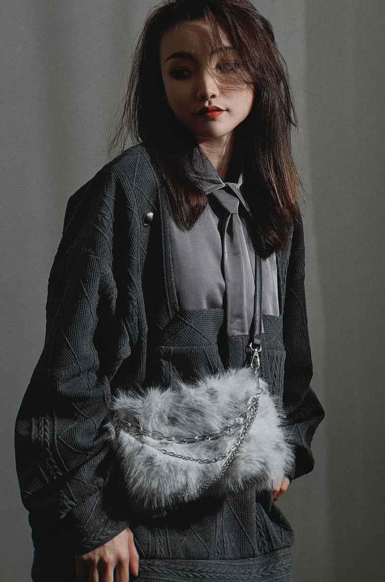 Grey Faux Fur Chain Shoulder Bag