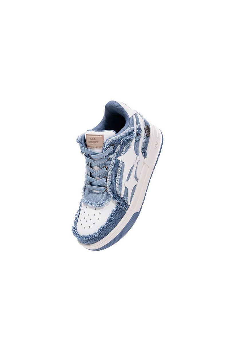 Distressed Denim Court Sneakers - Wolvess