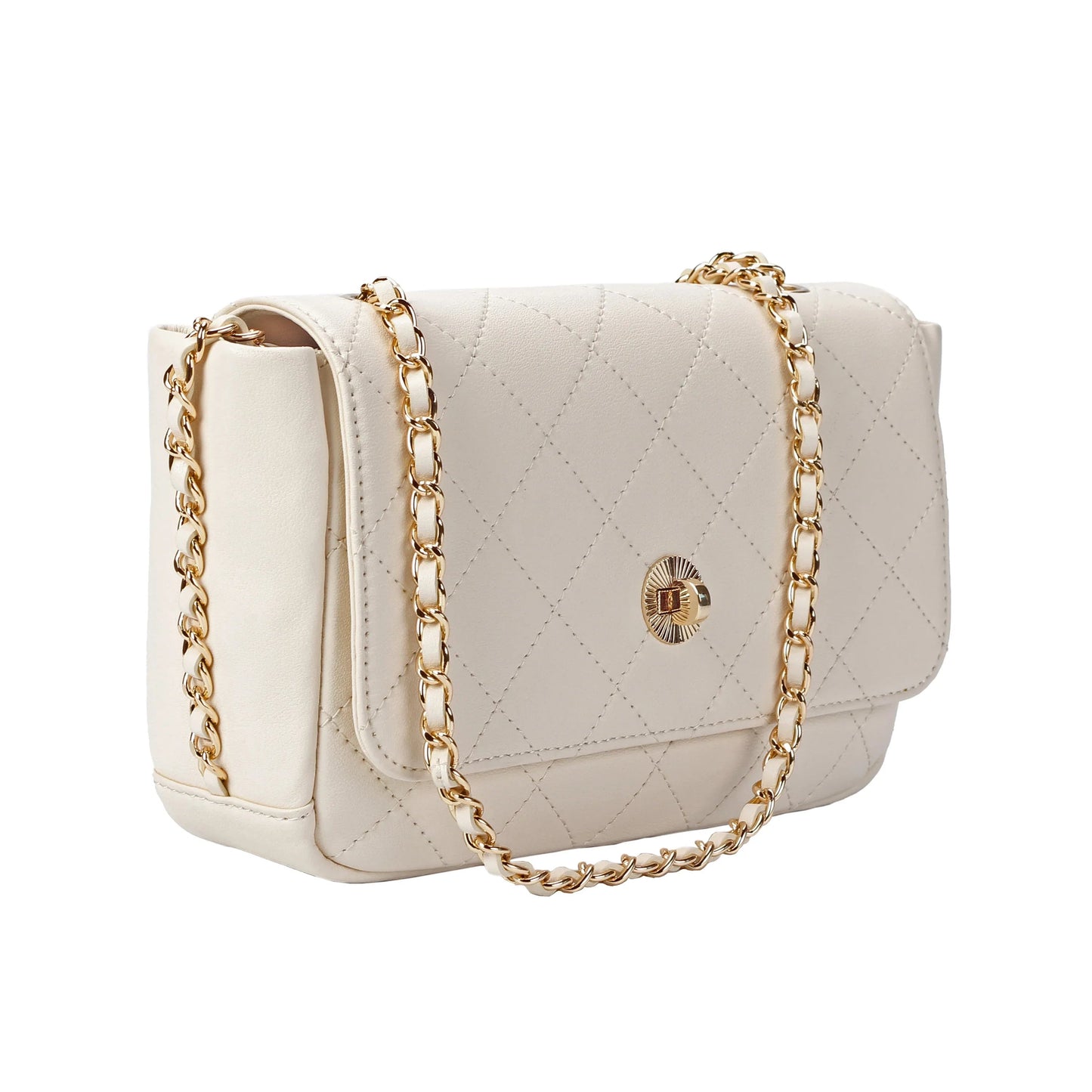 Ivory Quilted Leather Crossbody Bag with Gold Chain Strap MiamiLeathers.com