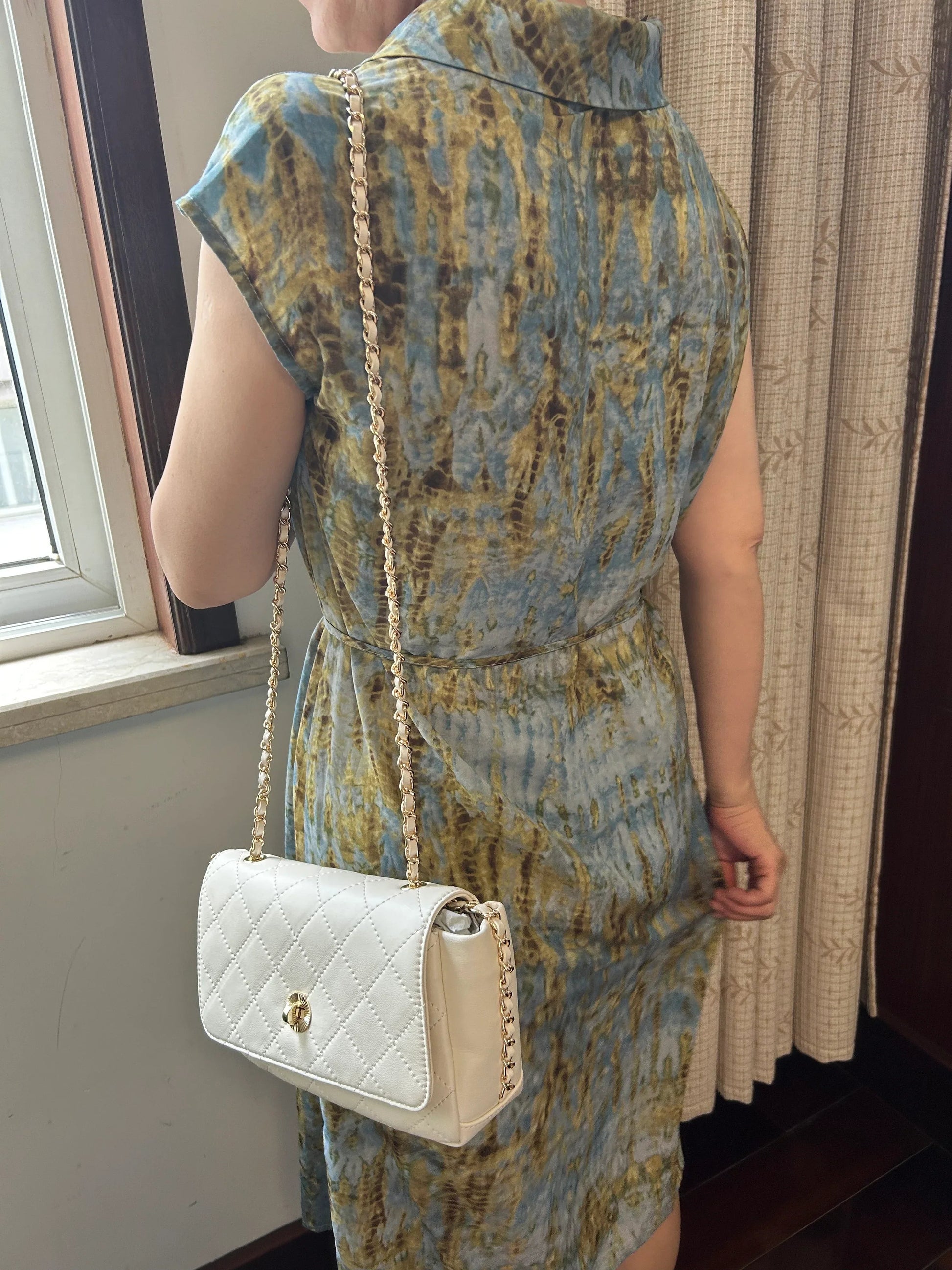 Ivory Quilted Leather Crossbody Bag with Gold Chain Strap MiamiLeathers.com