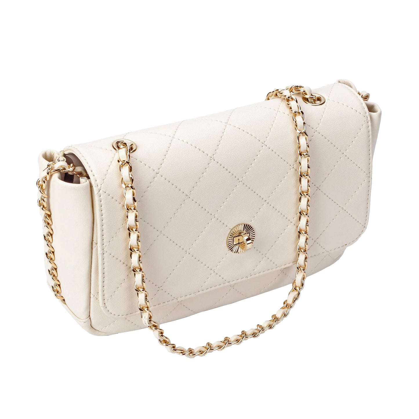 Ivory Quilted Leather Crossbody Bag with Gold Chain Strap MiamiLeathers.com