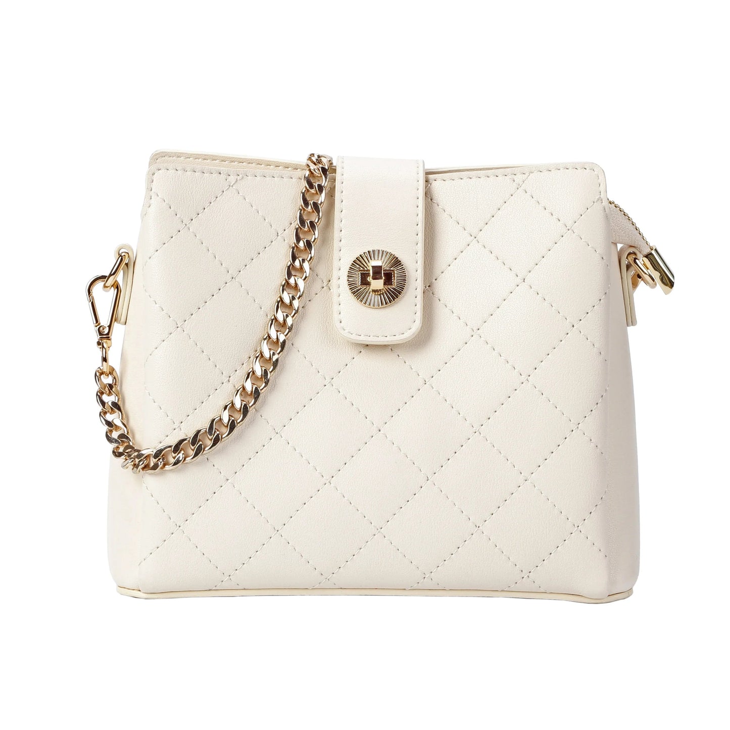 Ivory Quilted Leather Crossbody Bag with Gold Chain Strap MiamiLeathers.com