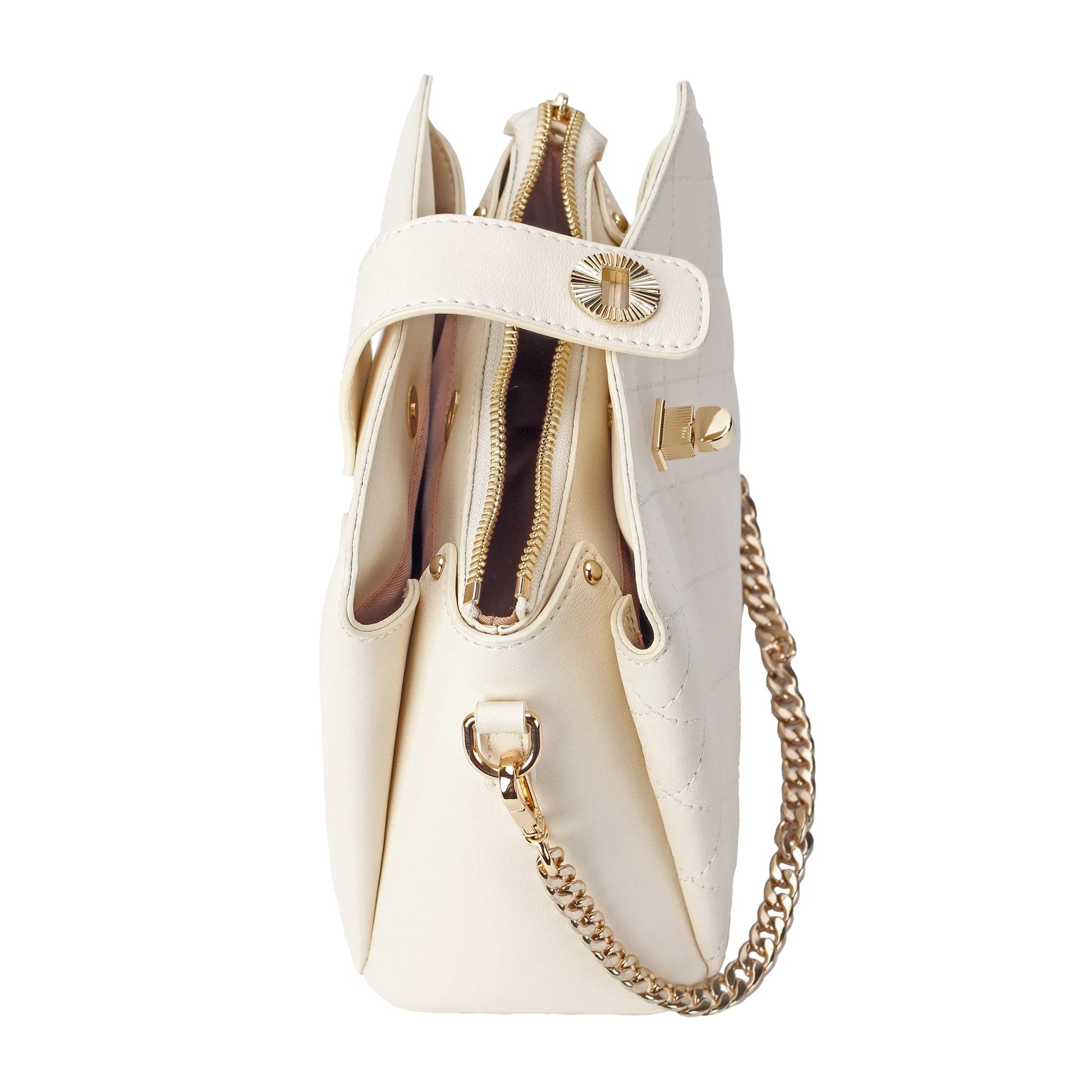 Ivory Quilted Leather Crossbody Bag with Gold Chain Strap MiamiLeathers.com