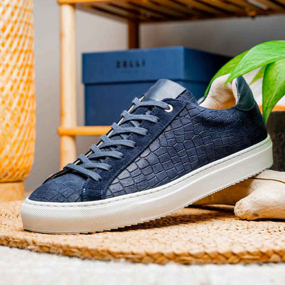 66-266-NVY KOBE Crocodile Embossed Italian Sueded Goatskin Sneakers Navy