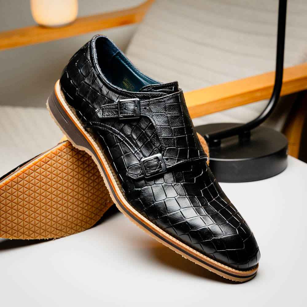 55-112-BLK LEGERRA Hand Burnished Crocodile Print Monkstrap Black Zelli Italia