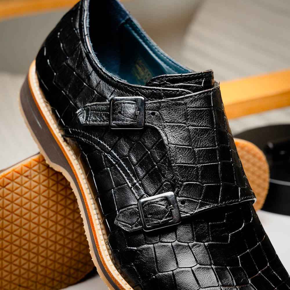 55-112-BLK LEGERRA Hand Burnished Crocodile Print Monkstrap Black Zelli Italia