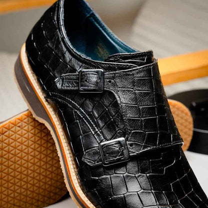 55-112-BLK LEGERRA Hand Burnished Crocodile Print Monkstrap Black Zelli Italia