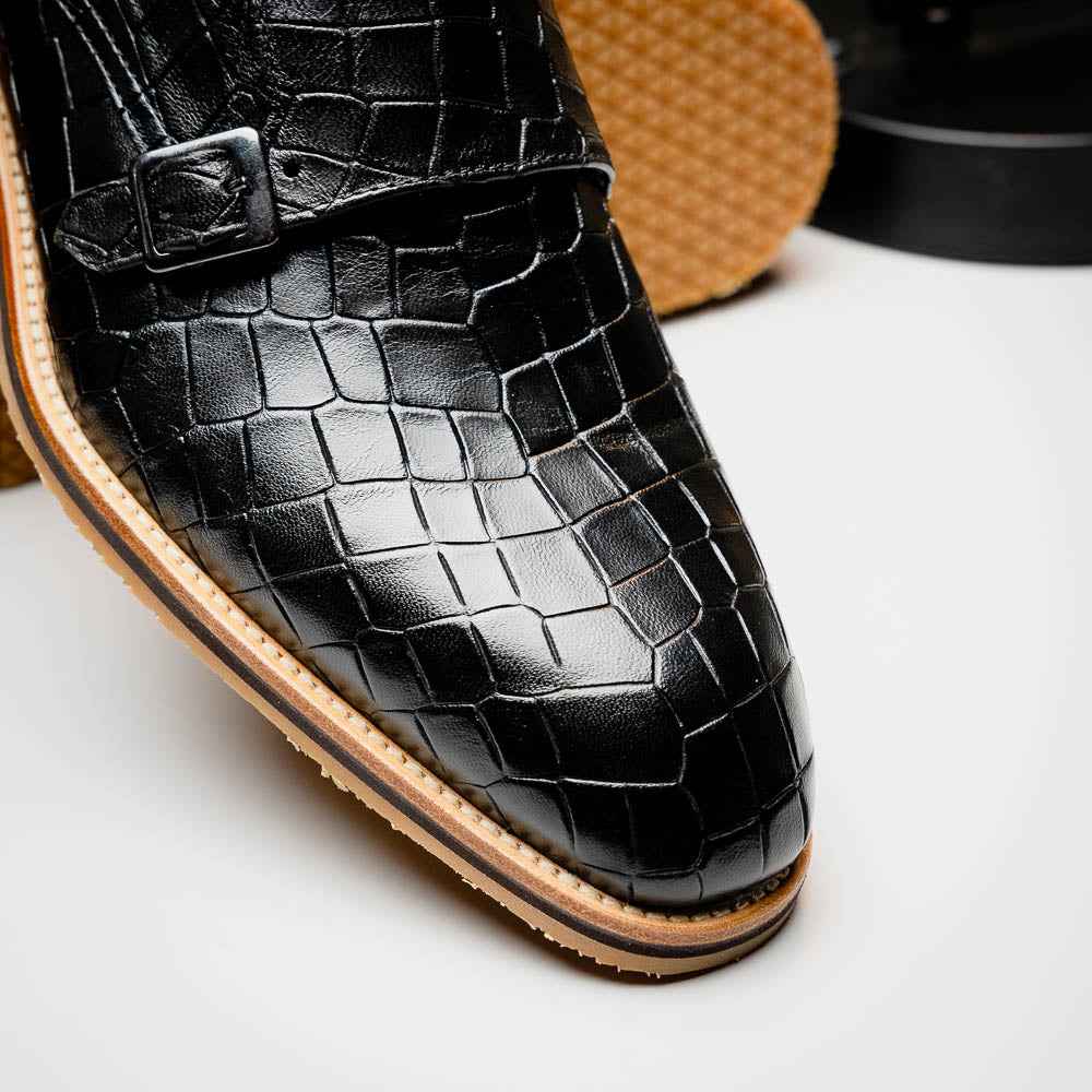 55-112-BLK LEGERRA Hand Burnished Crocodile Print Monkstrap Black Zelli Italia