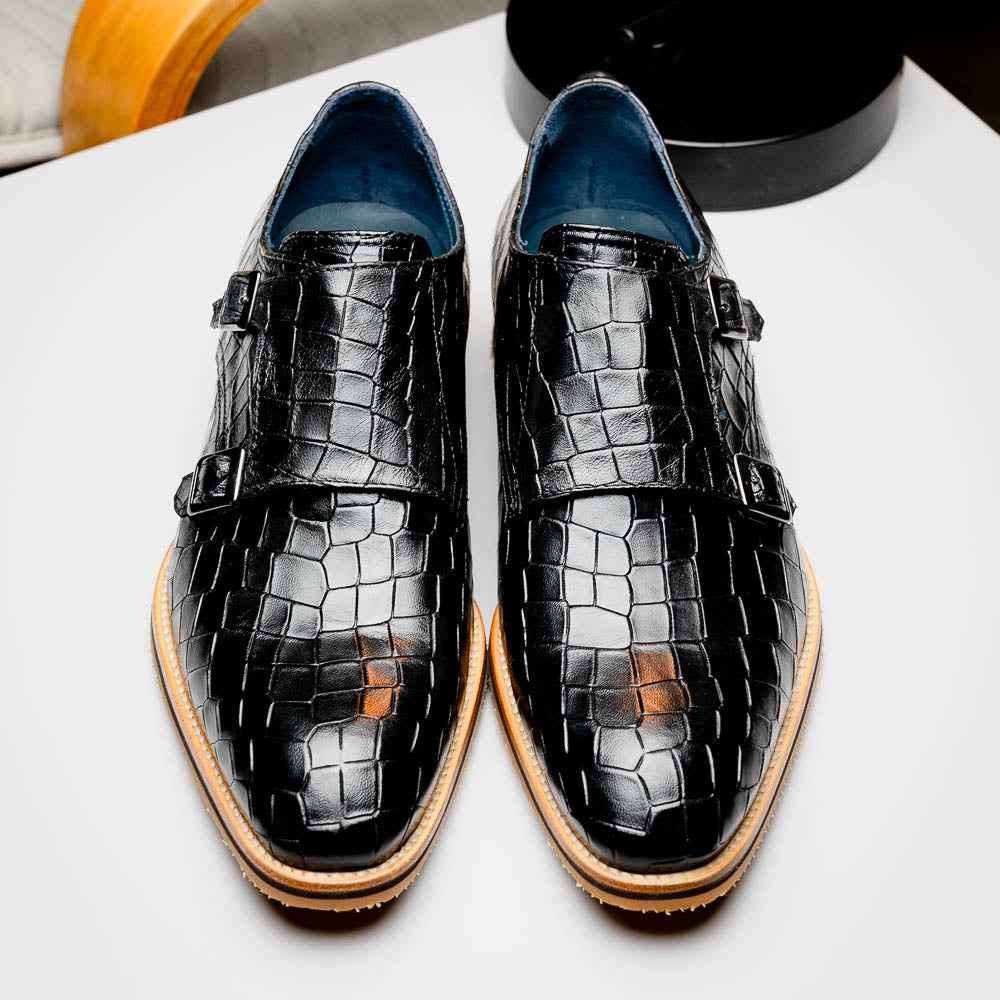 55-112-BLK LEGERRA Hand Burnished Crocodile Print Monkstrap Black Zelli Italia