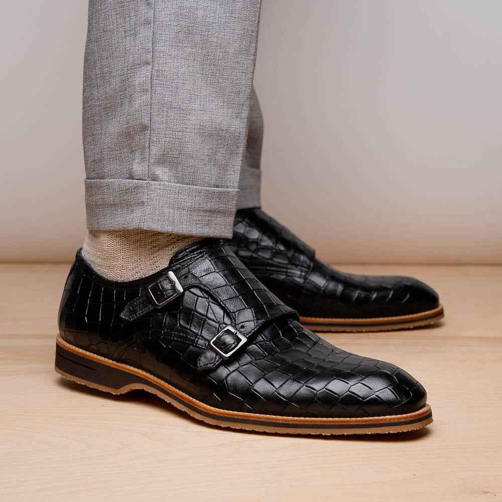 55-112-BLK LEGERRA Hand Burnished Crocodile Print Monkstrap Black Zelli Italia