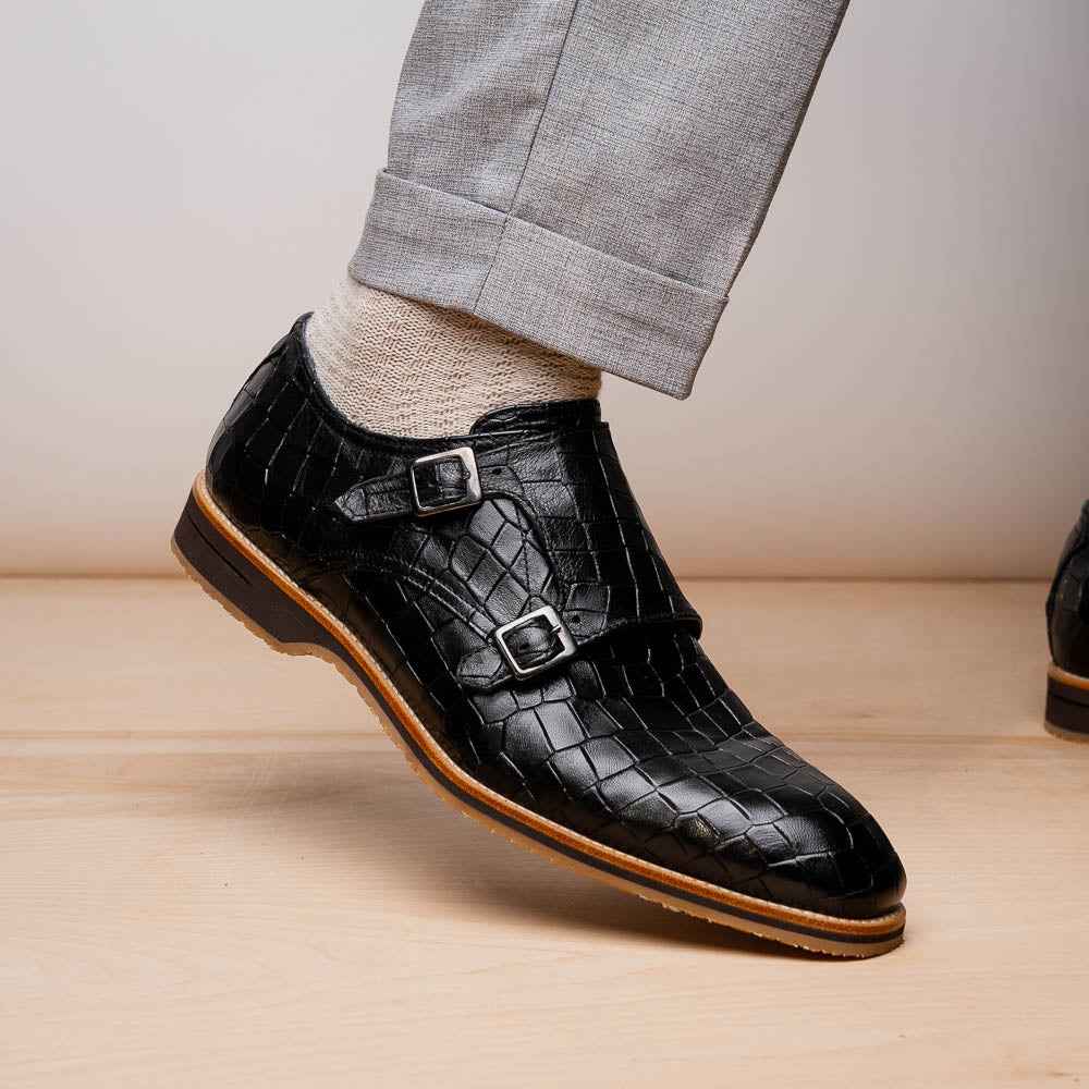 55-112-BLK LEGERRA Hand Burnished Crocodile Print Monkstrap Black Zelli Italia