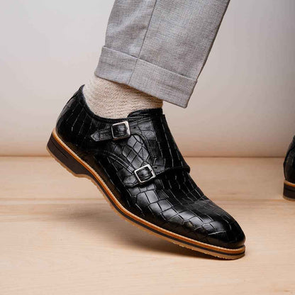 55-112-BLK LEGERRA Hand Burnished Crocodile Print Monkstrap Black Zelli Italia