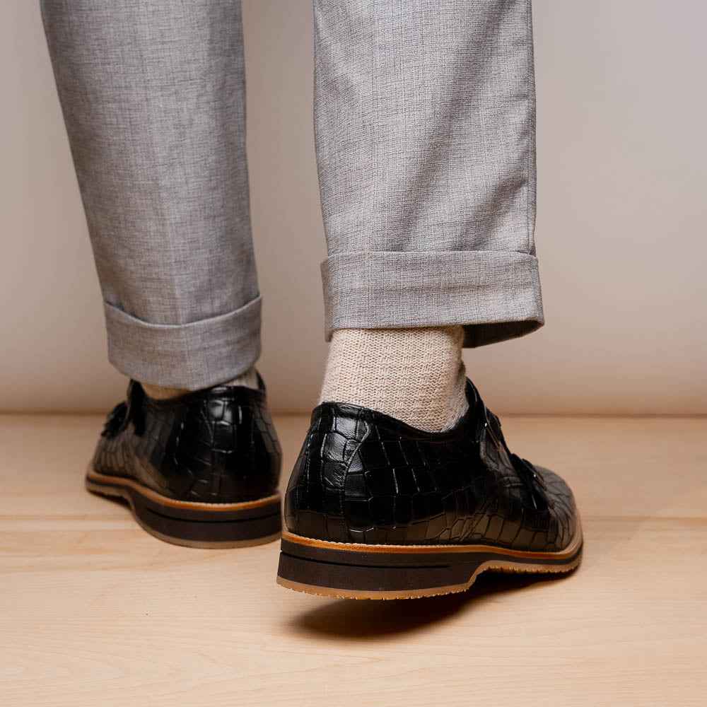 55-112-BLK LEGERRA Hand Burnished Crocodile Print Monkstrap Black Zelli Italia
