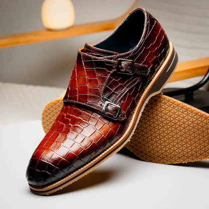 55-112-CGN LEGERRA Hand Burnished Crocodile Print Monkstrap Cognac Zelli Italia