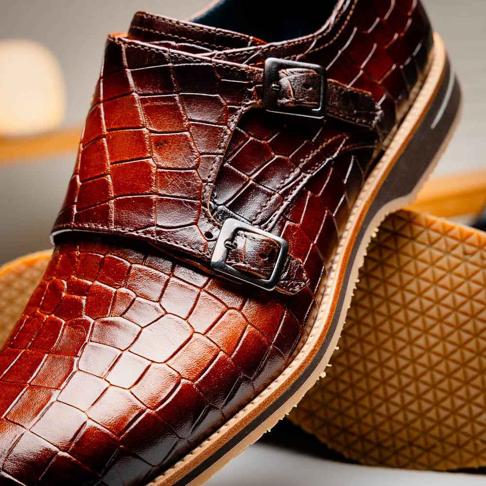 55-112-CGN LEGERRA Hand Burnished Crocodile Print Monkstrap Cognac Zelli Italia