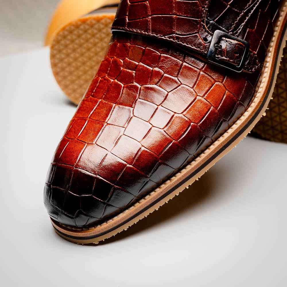 55-112-CGN LEGERRA Hand Burnished Crocodile Print Monkstrap Cognac Zelli Italia