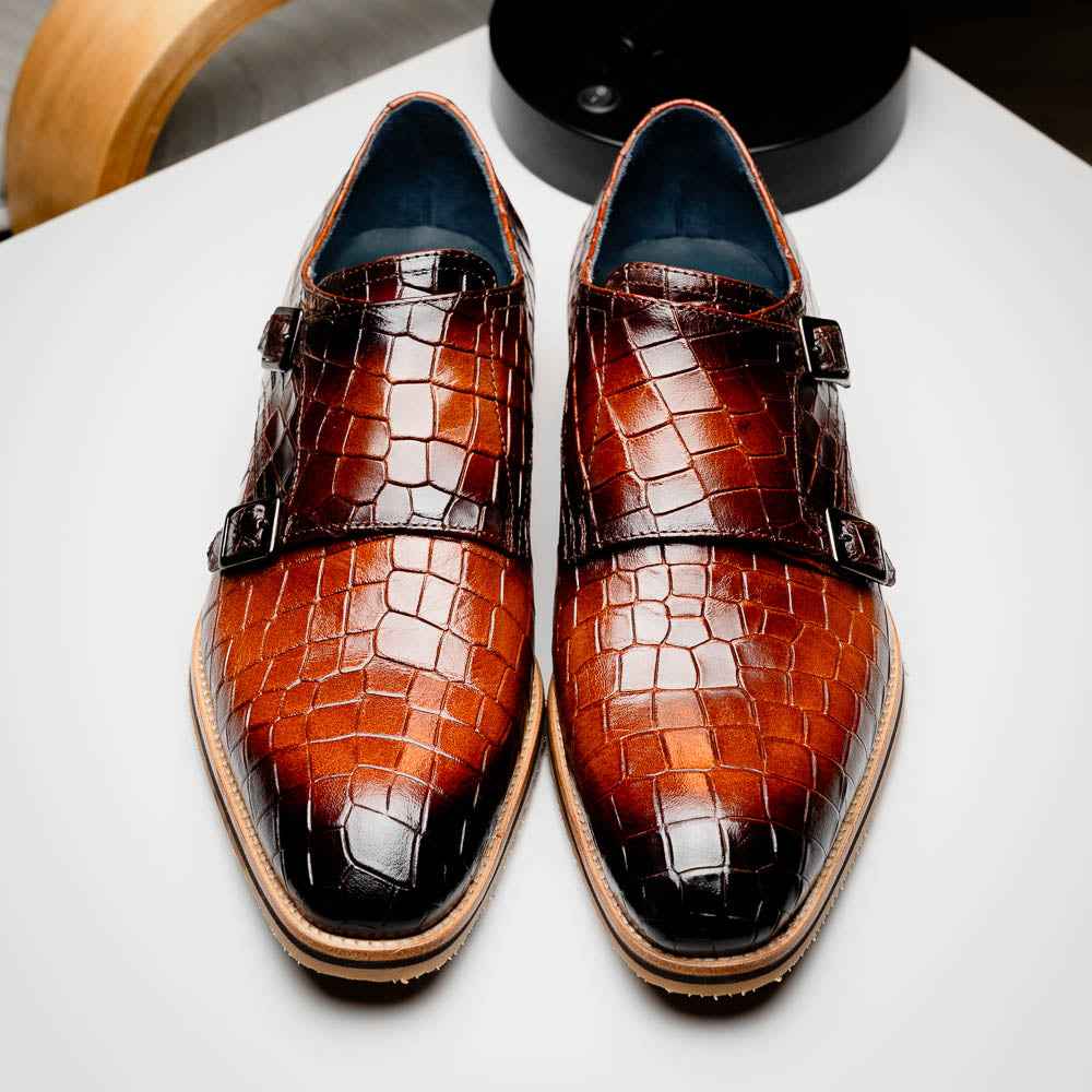 55-112-CGN LEGERRA Hand Burnished Crocodile Print Monkstrap Cognac Zelli Italia
