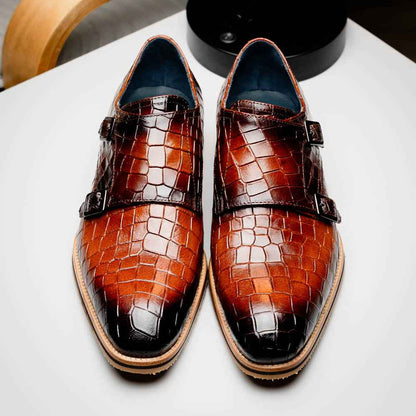 55-112-CGN LEGERRA Hand Burnished Crocodile Print Monkstrap Cognac Zelli Italia
