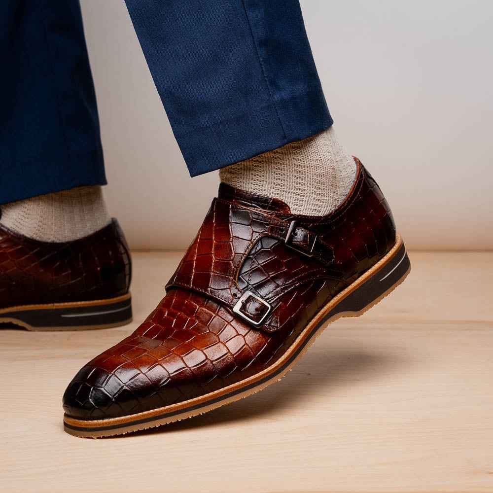55-112-CGN LEGERRA Hand Burnished Crocodile Print Monkstrap Cognac Zelli Italia