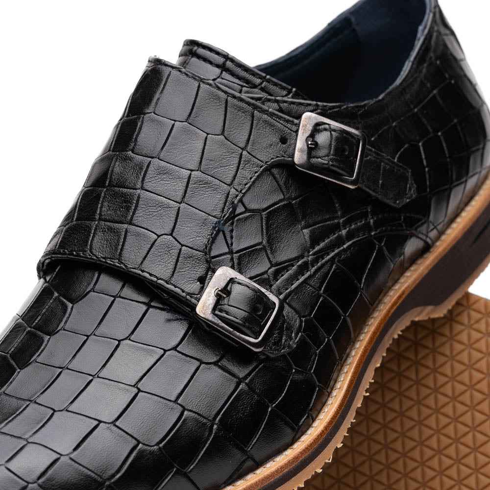 55-112-BLK LEGERRA Hand Burnished Crocodile Print Monkstrap Black