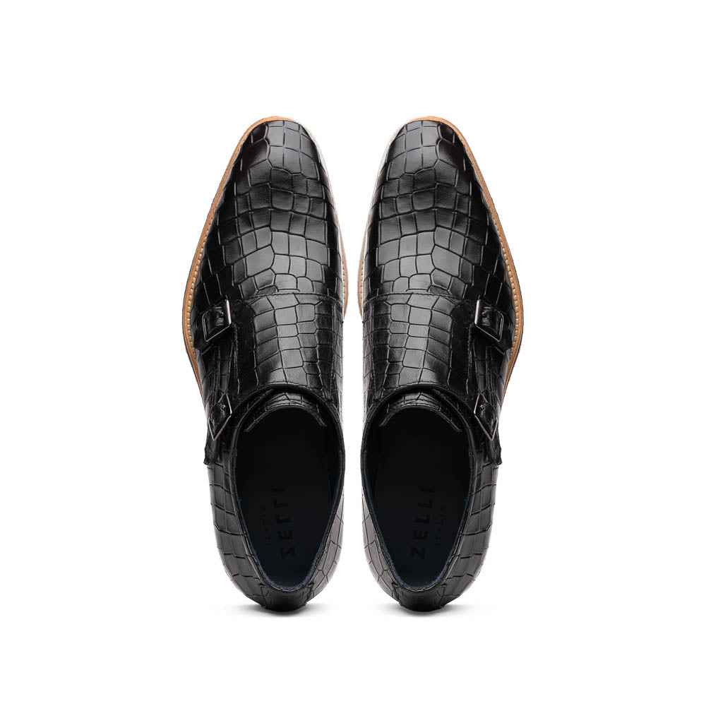 55-112-BLK LEGERRA Hand Burnished Crocodile Print Monkstrap Black