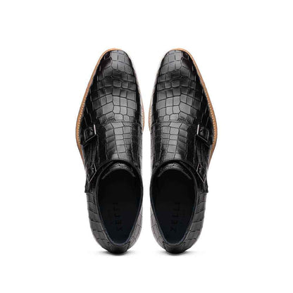 55-112-BLK LEGERRA Hand Burnished Crocodile Print Monkstrap Black