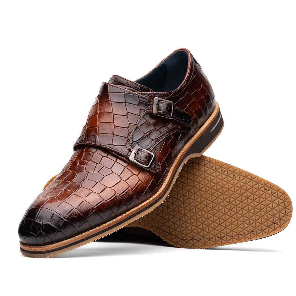 55-112-CGN LEGERRA Hand Burnished Crocodile Print Monkstrap Cognac Zelli Italia