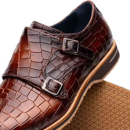 55-112-CGN LEGERRA Hand Burnished Crocodile Print Monkstrap Cognac Zelli Italia