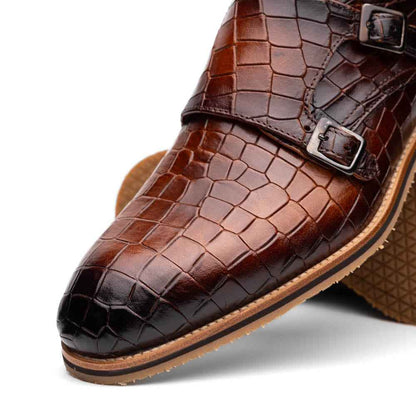 55-112-CGN LEGERRA Hand Burnished Crocodile Print Monkstrap Cognac Zelli Italia