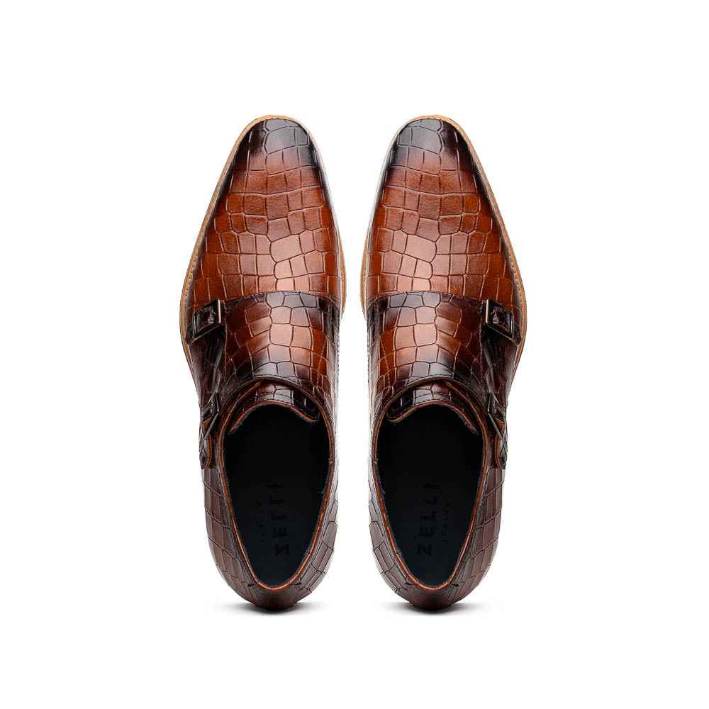 55-112-CGN LEGERRA Hand Burnished Crocodile Print Monkstrap Cognac Zelli Italia
