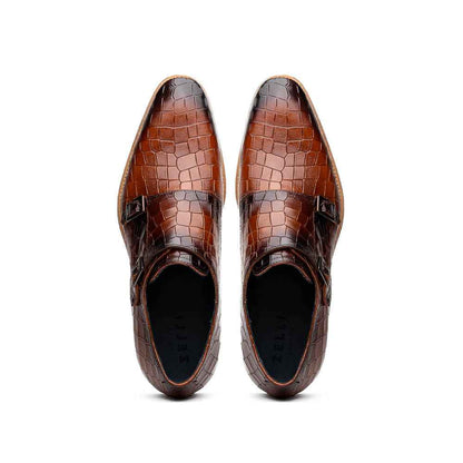 55-112-CGN LEGERRA Hand Burnished Crocodile Print Monkstrap Cognac Zelli Italia